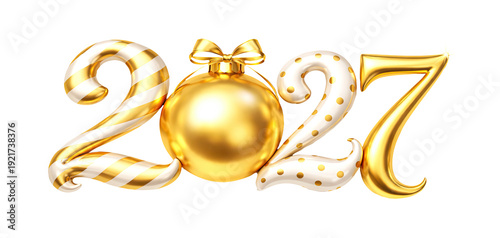 2027 Christmas And New Year Golden Shiny Festive GOLD Numbers Decoration 3D Render Style Luxury Holiday Celebration
