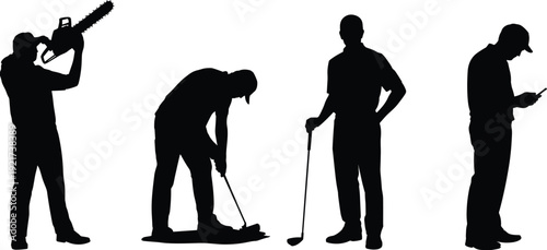 Black silhouette collection of man using chainsaw, golfer putting on green, professional male standing, and person using mobile phone vector.