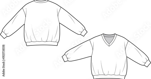 Sweatshirt fashion flat sketch vector illustration with front and back views—crew neckline and V-neckline 