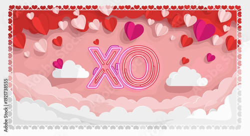Valentine's DayXO illustration with pink clouds hearts and decorative border for romantic celebrations and expressing affection