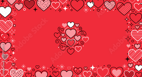 A vibrant red background adorned with an intricate, ornamental arrangement of pink and white hearts in the center, framed by a border of scattered heart motifs and sparkles, creating a festive 