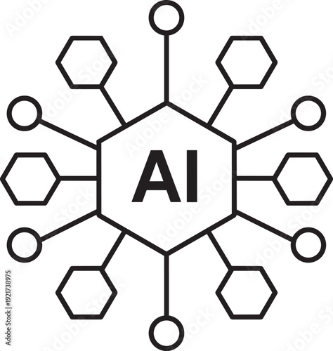 Central network node containing AI text representing core artificial intelligence systems and interconnected deep machine learning frameworks
