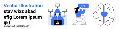 Cybersecurity, programming, mental health, online threats, data protection, coding education. A hooded figure with laptops, a programmer coding and a brain with a heart. Cybersecurity