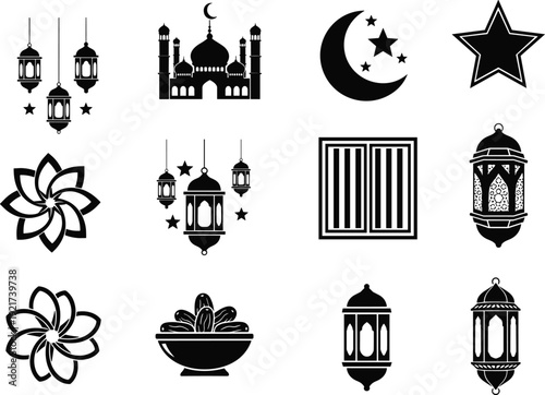 Vector icons of Ramadan and Islamic culture featuring lanterns, mosque, crescent moon, stars, dates, and decorative elements in black design