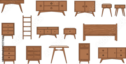 Collection of Mid Century Modern Wooden Furniture Featuring Various Sideboards Dressers Nightstands Tables and Bed Frames for Stylish Home Interior Design