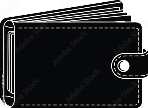 Vector illustration of closed wallet with button strap filled currency layered sections stitching detail showing finance money transaction savings personal belongings concept artwork