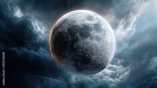 Illuminated celestial body dominates a dark, stormy atmosphere against a night sky background