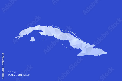 Cuba Map - Polygon Style Vector Illustration in Blue and White Gradient, Low Poly Geometric Design, Isolated on Solid Background for Infographics and Digital Use.