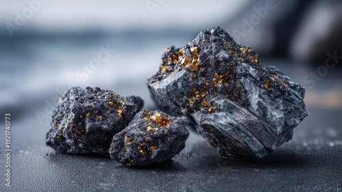 Several pieces of dark ore containing visible specks of gleaming metallic material rest on a muted surface.
