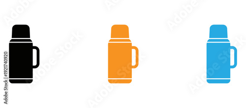 Three differently colored insulated water bottles displayed side by side isolated on transparent background, Vector