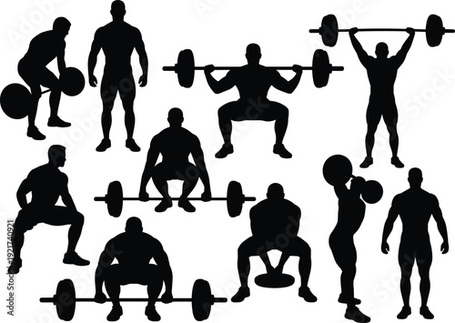 Bodybuilding and powerlifting silhouette set with barbell squats, deadlifts and overhead press isolated on white background illustration