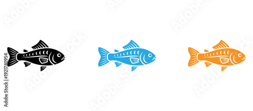 Three stylized fish icons in different colors and designs isolated on transparent background, Vector