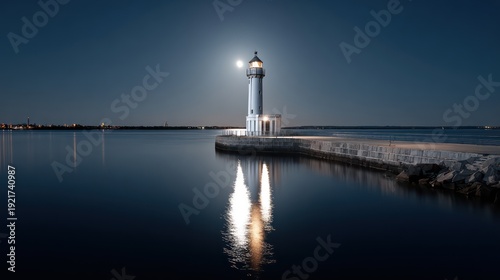 White tower structure stands illuminated beside dark water under a clear night sky