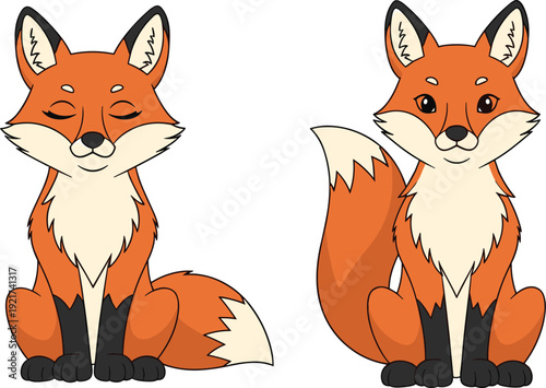Two cute orange fox cartoon characters with bushy tails sitting together isolated on white background for kids nursery decor forest animal and wildlife design.