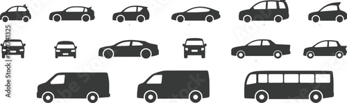 Car body type silhouette set including hatchback, coupe, SUV, pickup, van and bus isolated on white background, flat vector illustration