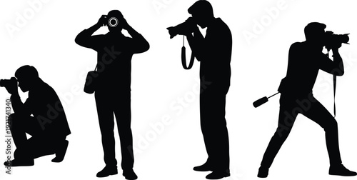 Vector silhouettes of four photographers in dynamic poses with cameras, capturing creative shots, showcasing photography stances, techniques, and artistic expression
