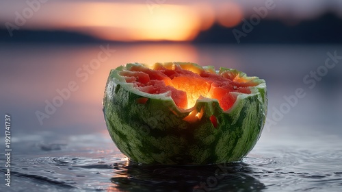 Illuminated carved fruit rests on dark water against an evening sky background