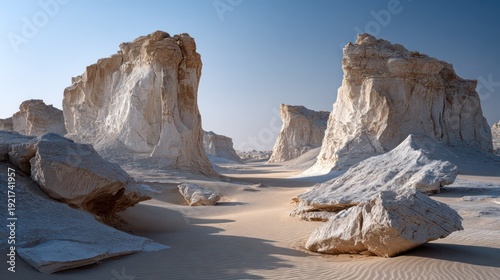 Dramatic white chalk rock formations rise above desert sand under a clear sky