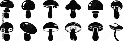 Black mushroom silhouette collection, forest fungi vector icons set, organic toadstool shapes, decorative nature elements for logo design and autumn art.