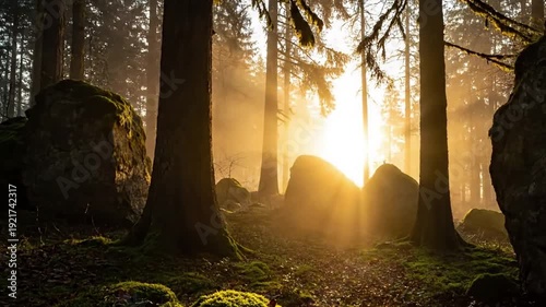 Misty Forest Dawn A serene, long exposure shot of an ancient forest enveloped in thick mist at sunrise.