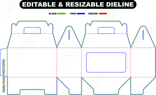 Editable and resizable die-line vector template for a small gift box with a handle, showing gloss, trim, and crease lines in a white background. This packaging design is suitable for various
