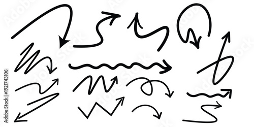 Collection of hand drawn arrows and squiggles on white background