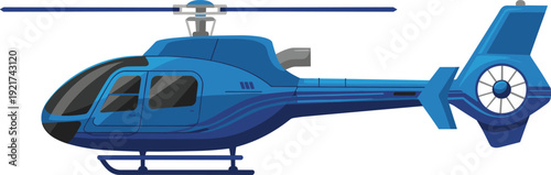 Blue helicopter with a blue and white tail rotor and a blue body with windows and landing gear