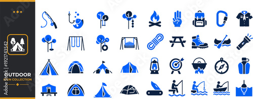 Outdoor Adventure Duotone Glyph Vector Icons Set — Camping, Fishing, Hiking and Travel Activity Icons for Web and App UI