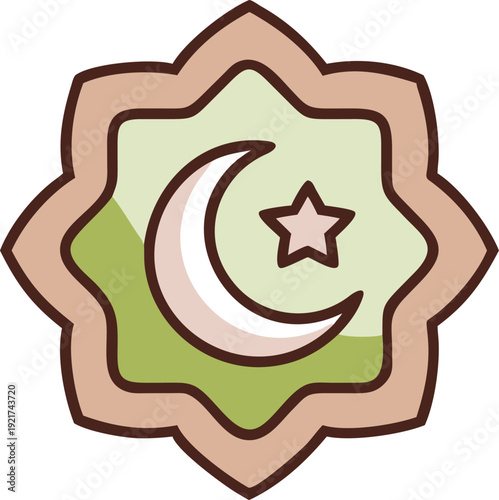 stylized emblem with crescent moon and star inside eight pointed geometric frame in green and brown tones