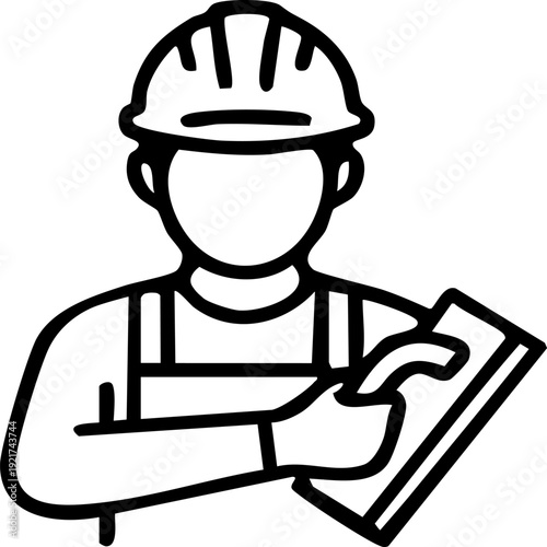 Tile mason worker with trowel line icon vector, construction tiler outline editable stroke illustration