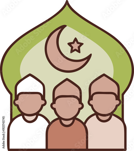 stylized illustration of three people with traditional head coverings under mosque arch with crescent moon and star