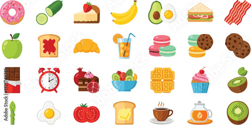 Colorful Breakfast and Snack Food Icons Set with Fruits Desserts Bakery and Beverages Vector Illustration
