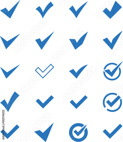 Collection of blue checkmarks and verified symbols for validation and approval