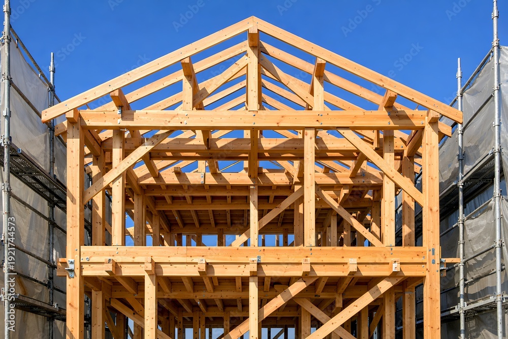 Naklejka premium 青空の下で建設が進む日本の伝統的な木造軸組工法の住宅の骨組みと足場がある建築現場