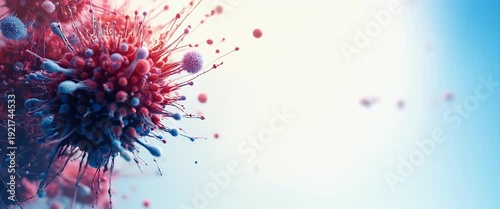Microscopic virus particles gently rotate as the camera slowly pans, with abstract light flickering in a serene, cinematic style, highlighting intricate biological textures.