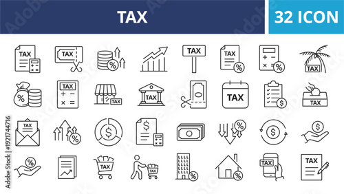 Tax web banner icon set outline multistyle vector illustrations concept,  Containing finance report and audit, invoice, tax return, accounting, auditing, inspection and more