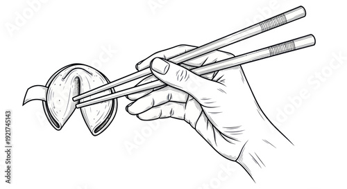 Hand holding fortune cookie with chopsticks, line drawing illustration