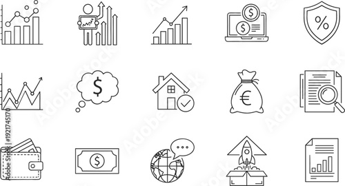 Finance and Investment Icon Set with Growth Charts, Savings, Insurance Shield, Mortgage, Money Bag, and Financial Report Symbols