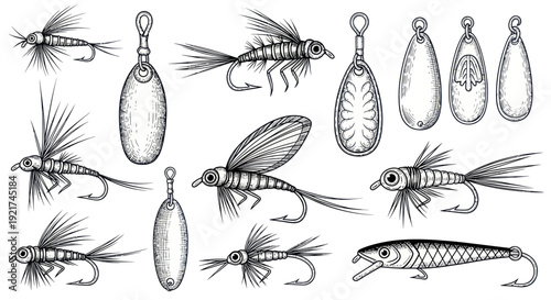 Hand-drawn fishing lures and flies, vintage illustration