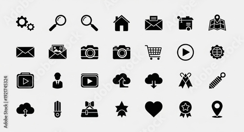 Collection of black interface icons on a light gray background.