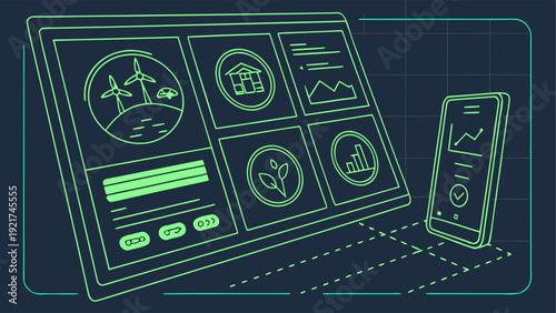 Modern smart energy UI with AI-powered analytics, renewable energy icons and battery status, sleek dark mode 3D rendering.