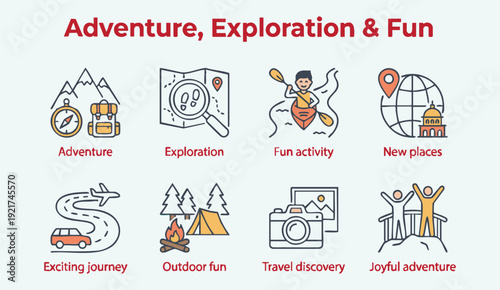 Vibrant icons illustrate adventure travel and outdoor fun activities