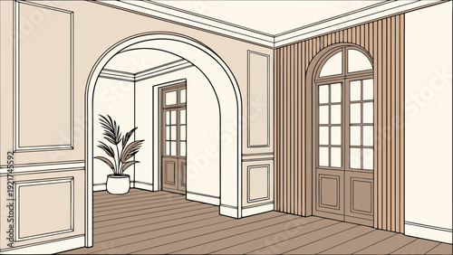 Modern empty interior mockup featuring arch niche wall, warm hidden lights, wood floor and plants by window.