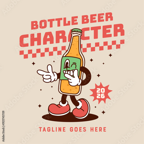 Rubber hose vintage bottle mascot winking and pointing both hands toward left, carbonated beverage. Retro beer or soda character with green label.