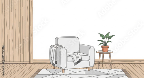 Cozy armchair with a potted plant and rug in a room.