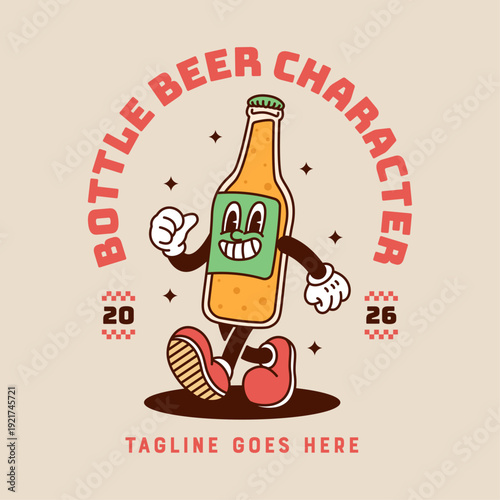 Rubber hose vintage bottle mascot walking with carbonated beverage, green label and crown cap. Retro beer or soda character with stars.