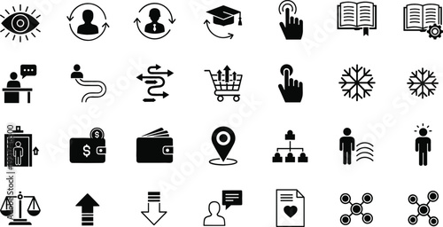 Business and Technology Icon Set with Leadership, Innovation, Finance, Communication, Shopping Cart, and Digital Network Symbols