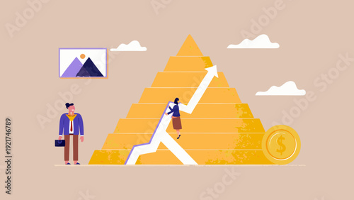 Business professionals climbing success pyramid with growing profits
