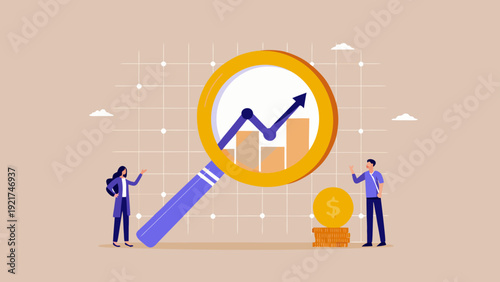 Business people analyzing financial growth with magnifying glass