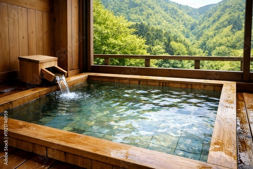 新緑の山々を望む絶景露天風呂で檜の香りと自然に癒やされる贅沢な温泉旅行の風景